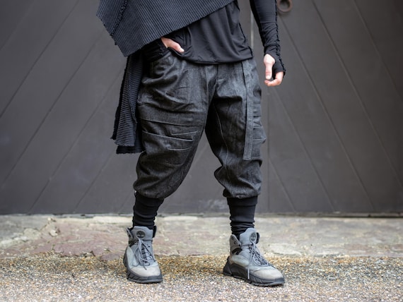 Rhidian - Men's Utility Denim Cargo Pants, Drop Crotch Techwear