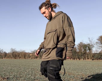 Colossus Men's Oversized Hoodie with Thumbholes and 8 Pocket Design in Olive Green, Techwear, Utility, Streetwear