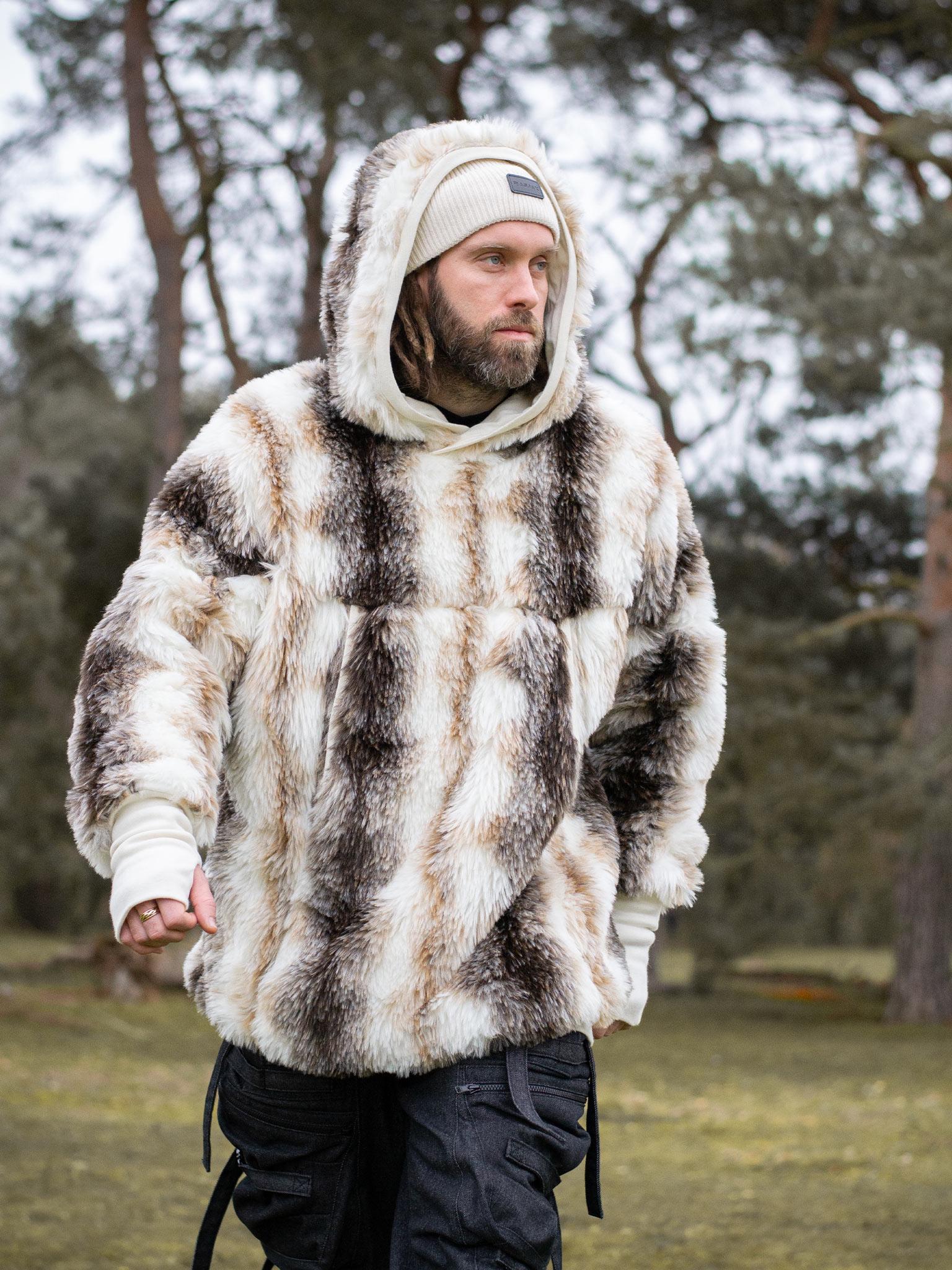 Lycerian Men's Faux Fur Oversized Hoodie - Fluffy Winter Coat With