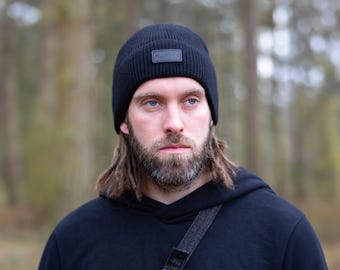 Merino Wool Chunky Knit Winter Beanie - Black
