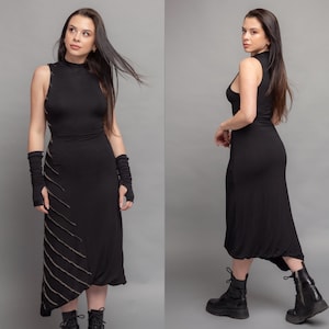 Valkiri - Womens Asymmetric Bodycon Midi Dress, Contrast Stitch, Black Avant Garde Dress, Futuristic Dress, Festival Cyberpunk Rave Dress