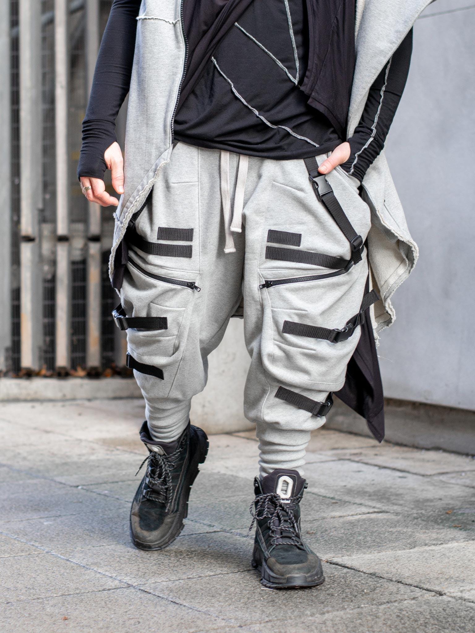 Zye Men's Drop Crotch Joggers With Buckles, Futuristic Techwear