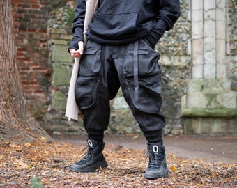 Warlock Men's Denim Cargo Pants 8 Pockets, Drop Crotch Techwear Trousers with Calf Supports