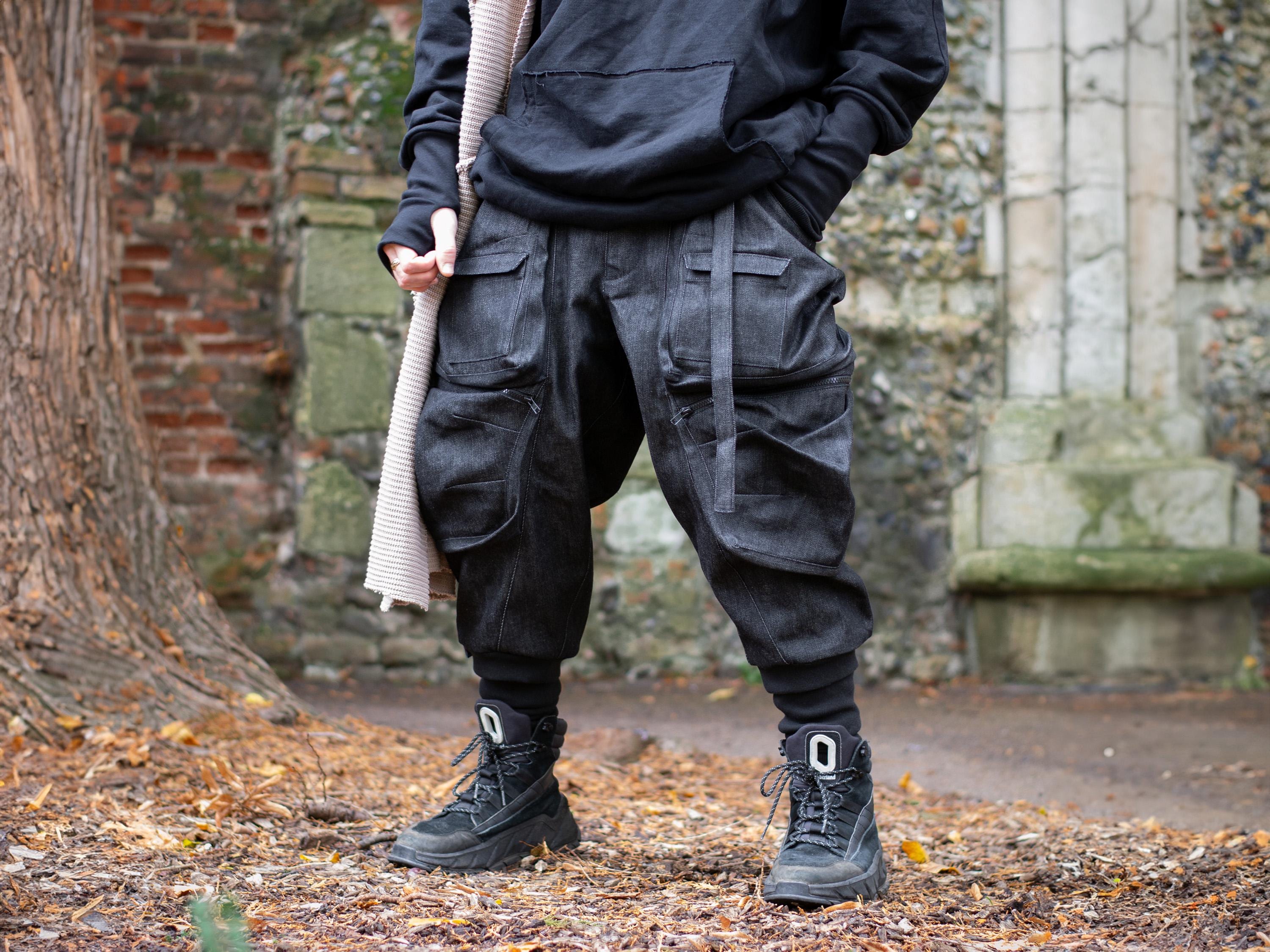 Warlock Men's Denim Cargo Pants 8 Pockets, Drop Crotch Techwear