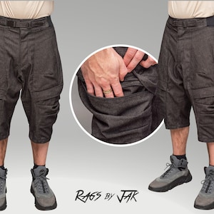 Rhidian + Men&#39;s Denim Drop Crotch Cargo Shorts, Durable 12oz Denim, Large Zipped Pockets, YKK Zips, Luxury Streetwear Shorts, Cyberpunk