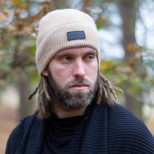 Merino Wool Beanie Tan Beige, Soft, Breathable, Warm, Chunky Knitted Unisex Winter Hat, Cuffed Knit Skull Cap, Gifts for Men and Women