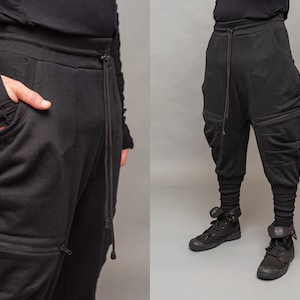 Organic cotton fleeced back drop crotch joggers with drawstring, soft and comfy, handmade XL size, avant garde, techwear style