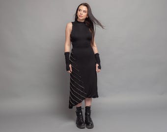 Valkiri Women's Asymmetric Bamboo Bodycon Dress with Contrast Stritch, Avant Garde Alternative Style - Black
