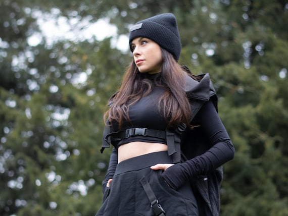 トップス KISHIDAMIKI tec cropped top black Super Short Crop Top | Techwear