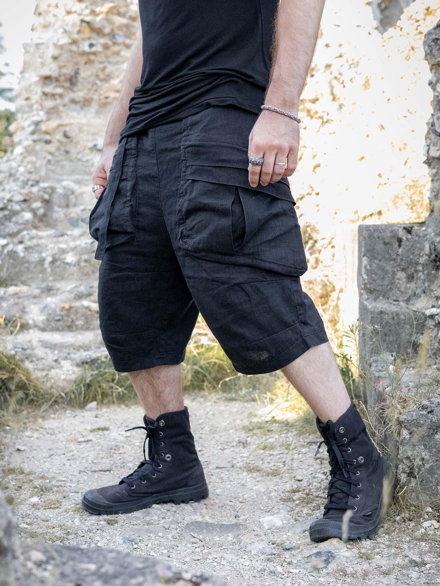 Zyrex Men's Linen Drop Crotch Cargo Shorts, 8-pocket Luxury