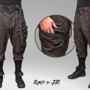 Rhidian - Mens denim cargo pants trousers, Structured durable design, techwear style with large zipped pockets, plus size streetwear