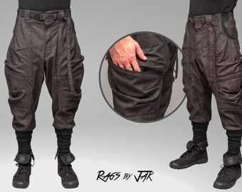 Rhidian - Mens denim cargo pants trousers, Structured durable design, techwear style with large zipped pockets, plus size streetwear