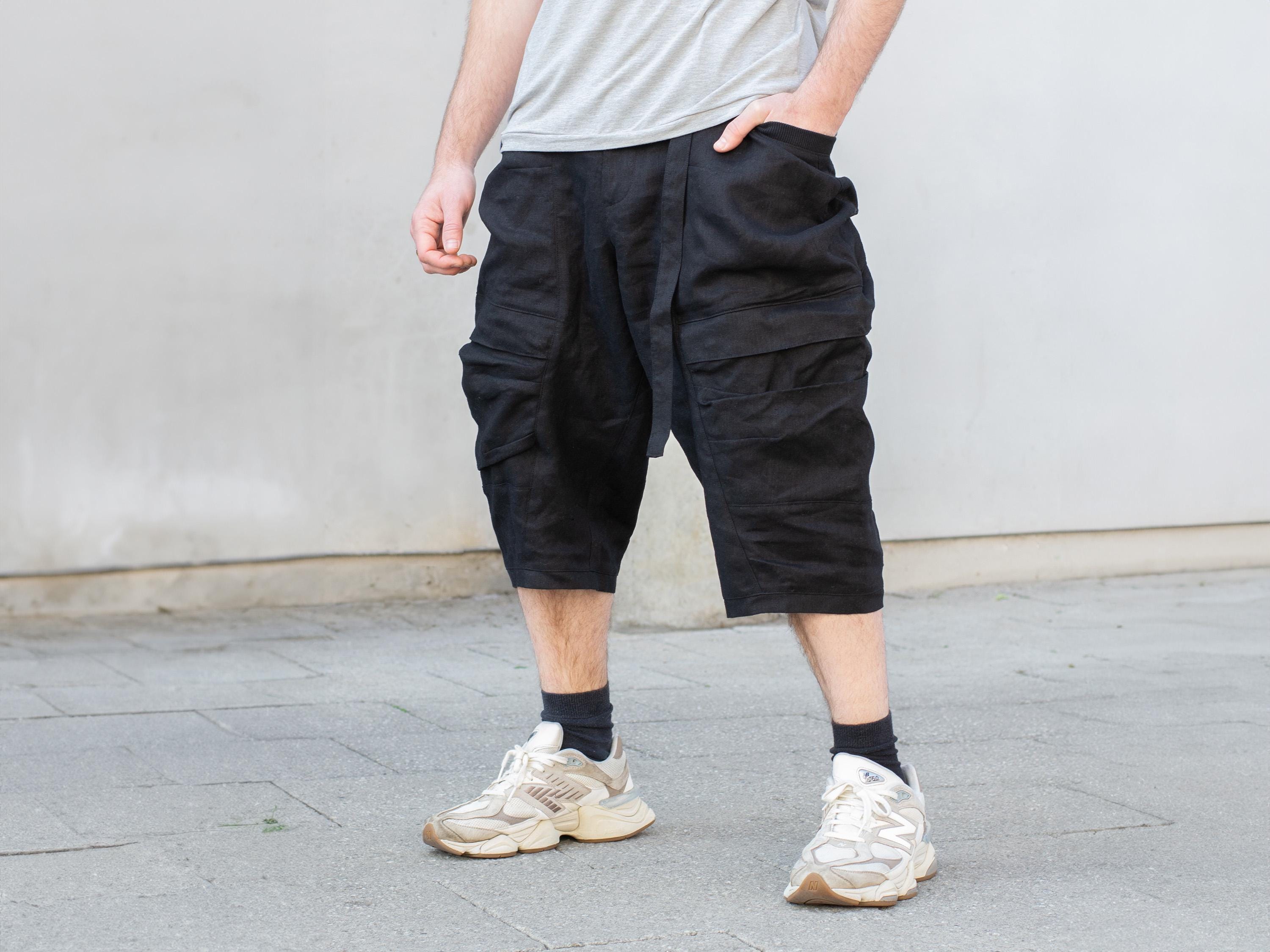 Rhidian Men's Linen Drop Crotch Shorts With Oversized Zipped
