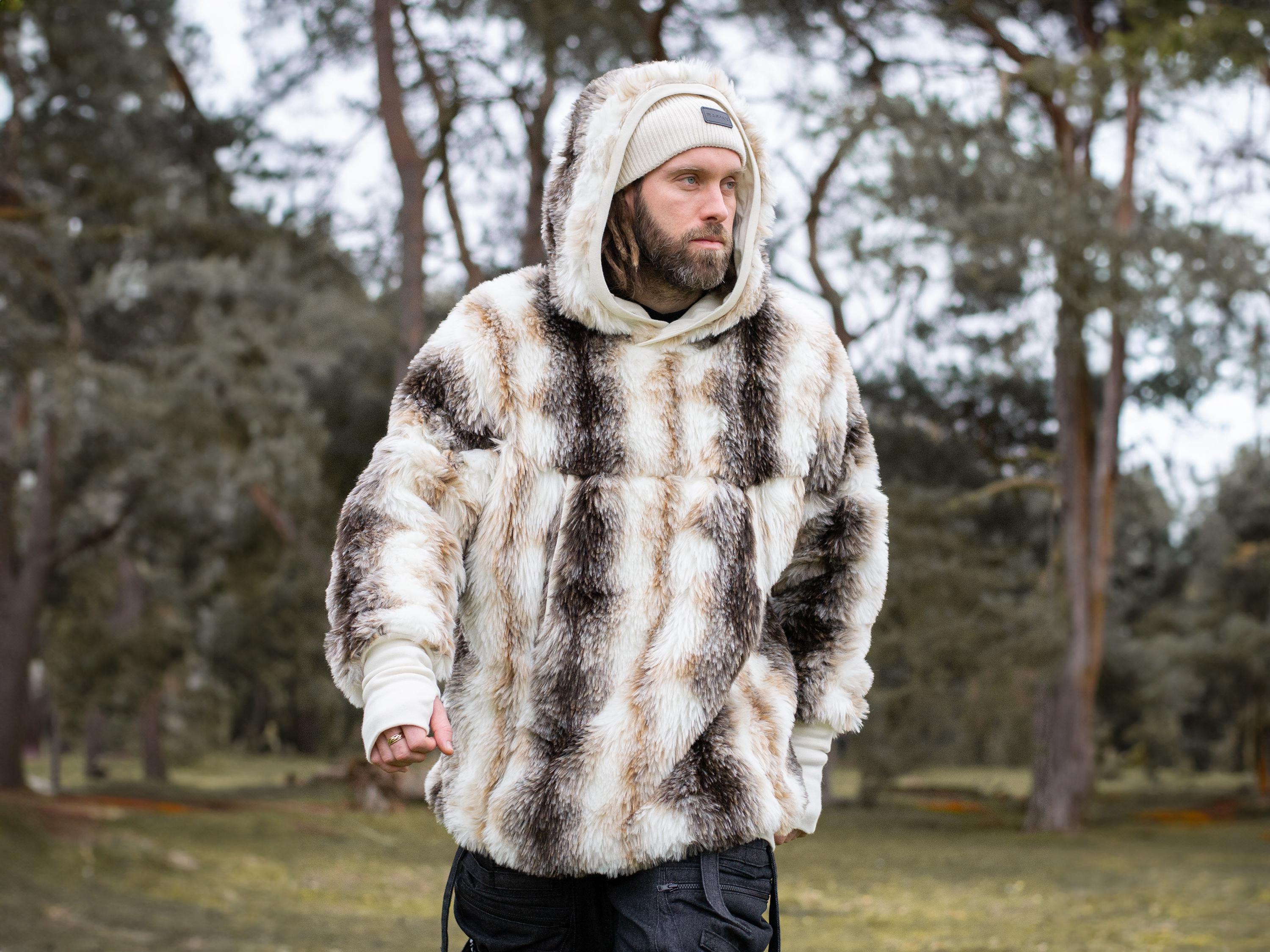 Lycerian Men's Faux Fur Oversized Hoodie - Fluffy Winter Coat With