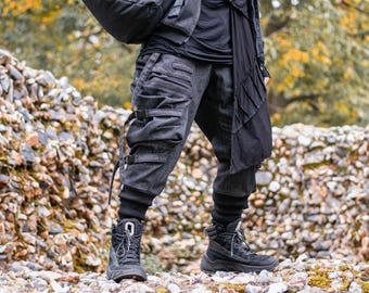 Haides Herren Denim Cargohose mit Riemen, Schnallen und Kontraststich, Hose mit tiefem Schritt