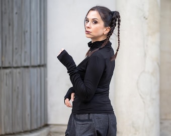 Xina Women's Roll Neck Top with Thumbholes in Black, Avant Garde Bamboo T-Shirt, Festival, Techwear