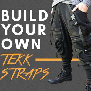 BESPOKE - Techwear baggy joggers with adjustable buckles and webbing strap details, oversized hip pockets, 2x zipped pockets + calf support