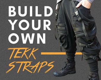 BESPOKE - Techwear baggy joggers with adjustable buckles and webbing strap details, oversized hip pockets, 2x zipped pockets + calf support