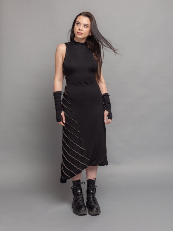 bodycon dress with combat boots Valkiri Women's Asymmetric Bamboo Contrast Stritch, Avant Garde Alternative Style - Black Color:Sand ribbed knit (tricot) * cat:Molded Diamond Flex Outsole My Glam 30th Birthday