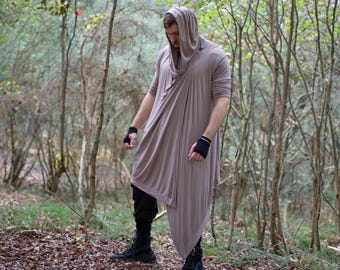 Shadow Men's Asymmetric Bamboo Hooded Cloak, Avant Garde Draped Cardigan - Taupe