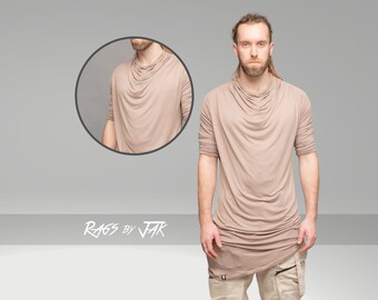 Krypt Men's Asymmetric Draped T-Shirt, Longline Short Sleeve Top, Avant Garde Bamboo Ninja Shirt in Taupe