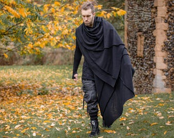 Athos Men's Oversized Chunky Knit Scarf, Black Avant Garde Shawl, Heavy Knit Cape