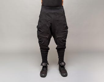 Nomad メンズ ブラック ドロップクロッチ ジョガーパンツ、アバンギャルド パンツ、オルタナティブ ユーティリティ トラウザー、オーバーサイズ ジョガーパンツ