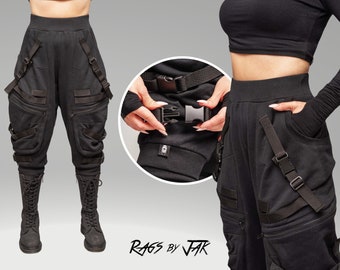 Relaxed Fit Techwear Women Joggers with Adjustable Buckles and Straps, Oversized Pockets and Calf Support, Streetwear Women's Pants