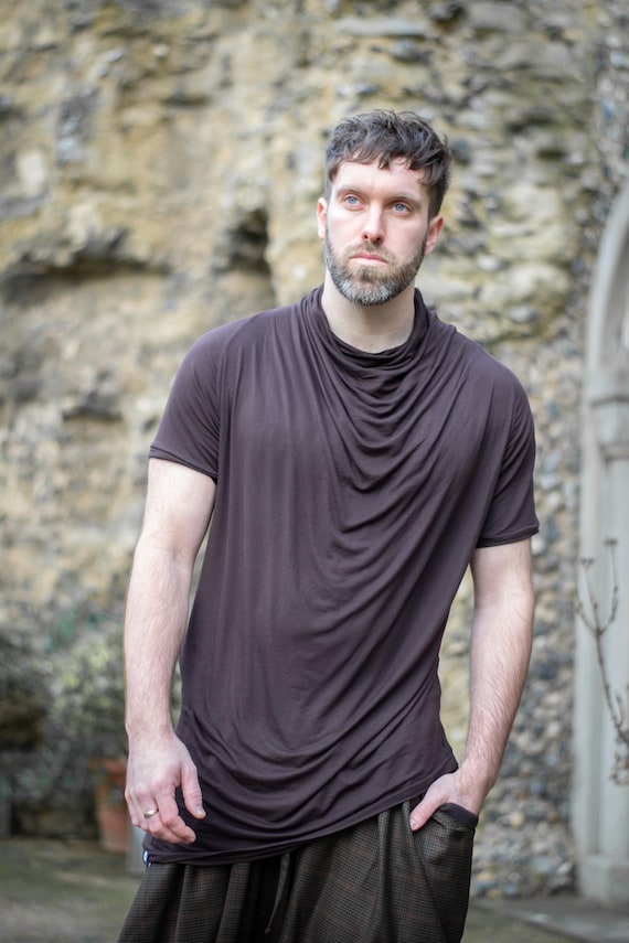 Krypt Men's Asymmetric Draped T-shirt, Longline Short Sleeve Top