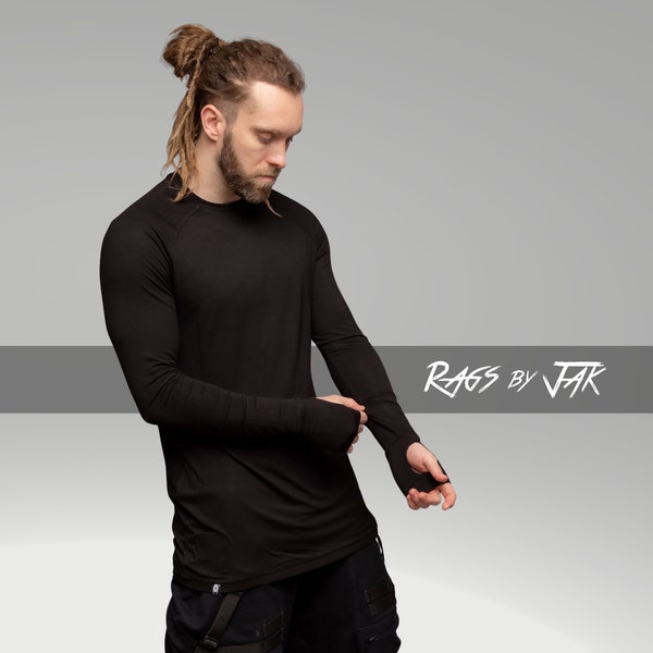 Lang geschnittenes Herren-T-Shirt aus leichtem Bambusjersey, schlanke Muskelpassform mit langen Ärmeln und Daumenlöchern – Avantgardistische Luxus-Basisschicht