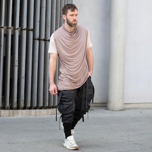 Krypt Men's Asymmetric Draped T-Shirt, Longline Short Sleeve Top, Avant Garde Bamboo Ninja Shirt in Taupe
