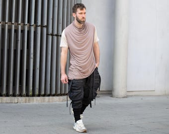 Krypt Men's Asymmetric Draped T-Shirt, Longline Short Sleeve Top, Avant Garde Bamboo Ninja Shirt in Taupe