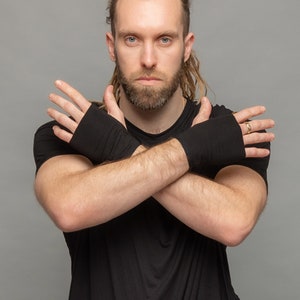 Erebus Men's Fingerless Thumbhole Gloves in Black, Soft Bamboo, Techwear, Darkwear, Gym, Avant Garde