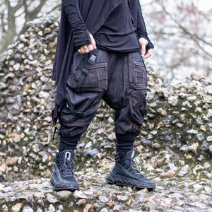 KRAKEN - Denim cargo pants trousers with straps and buckles, Durable cyberpunk, techwear style with contrast orange stitching, Plus size