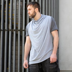 Krypt Men's Asymmetric Draped T-Shirt, Longline Short Sleeve Top, Avant Garde Bamboo Ninja Shirt in Grey
