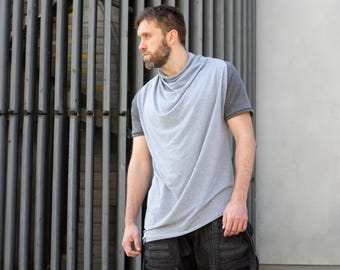 Krypt Men's Asymmetric Draped T-Shirt, Longline Short Sleeve Top, Avant Garde Bamboo Ninja Shirt in Grey