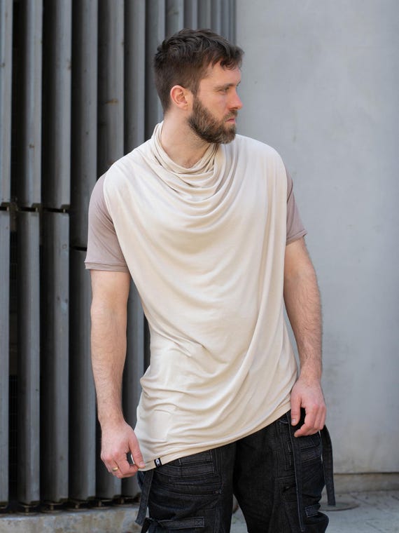 Camiseta drapeada asimétrica de bambú para hombre, mangas raglán cortas y  corte largo, material transpirable, estilo vanguardista, estilo ninja