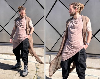 Krypt Men's Asymmetric Draped T-Shirt, Longline Short Sleeve Top, Avant Garde Bamboo Ninja Shirt in Taupe