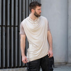Krypt Men's Asymmetric Draped T-Shirt, Longline Short Sleeve Top, Avant Garde Bamboo Ninja Shirt in Sand