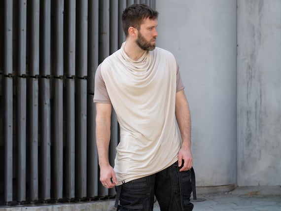 Krypt Men's Asymmetric Draped T-shirt, Longline Short Sleeve Top