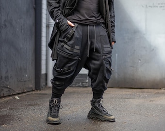 Pantalones deportivos Zye para hombre con tiro caído y hebillas, estilo tecnológico futurista con bolsillos con cremallera - Negro