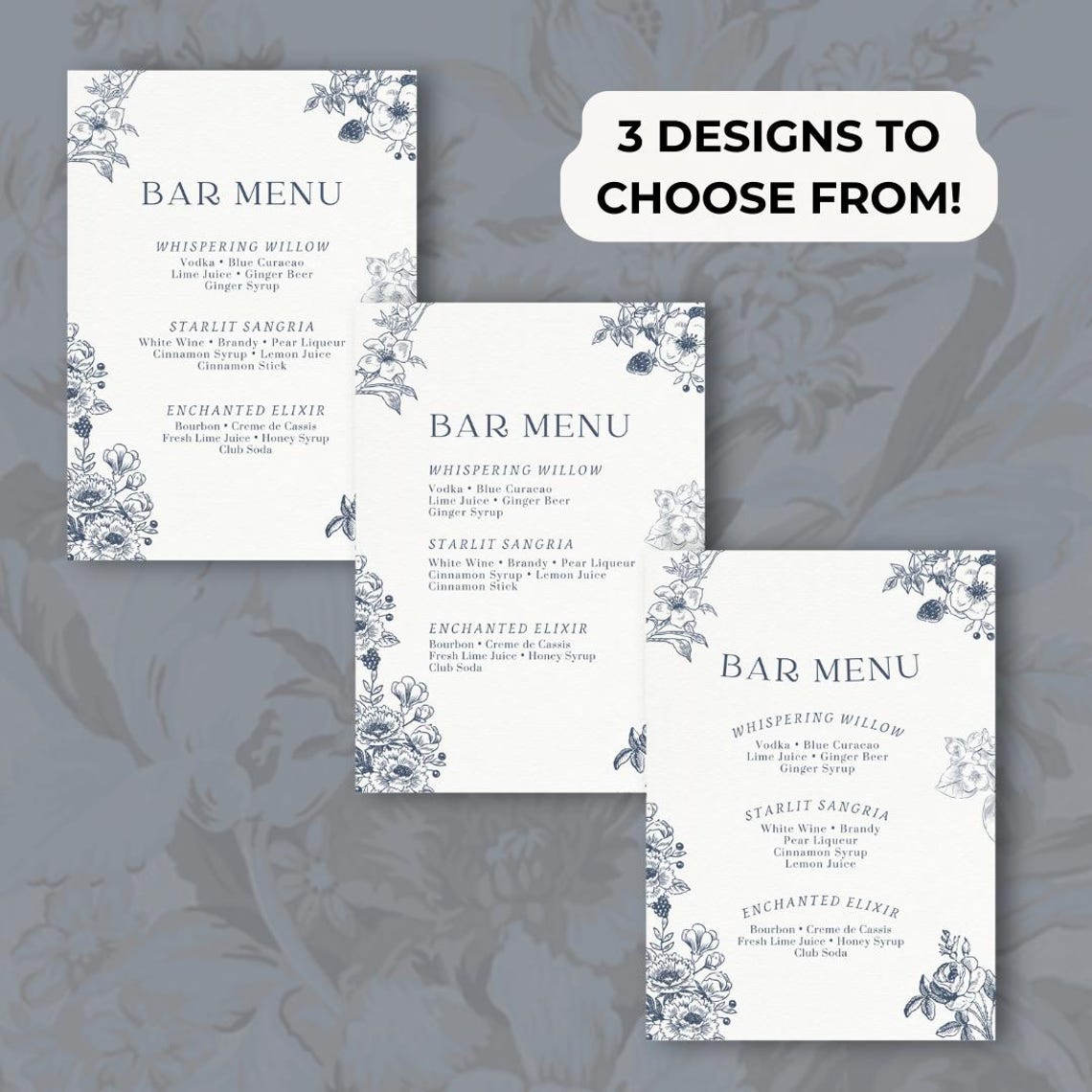 Bar Menu Template, Charming Floral Design, Elegant, for Wedding ...