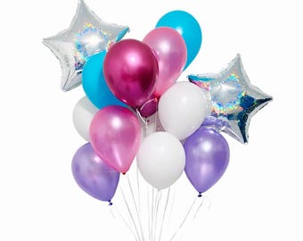 Kpop Birthday Decorations, Pink Purple and White Balloon Bouquet, Kpop Birthday Decor with Mylar Foil Iridescent Silver Balloons