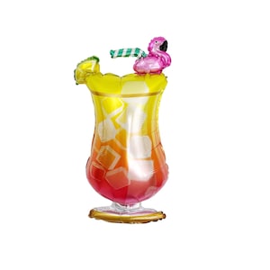 May include: A colorful cocktail-shaped balloon with a flamingo and straw detail. The balloon features a gradient of red, orange, and yellow, with a gold base. The flamingo is pink, and the straw is green and white.