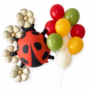 May include: A ladybug-shaped foil balloon with black spots, accompanied by four cream-colored flower-shaped balloons with gold centers and a cluster of round balloons in red, olive green, yellow, and cream colors on white strings.