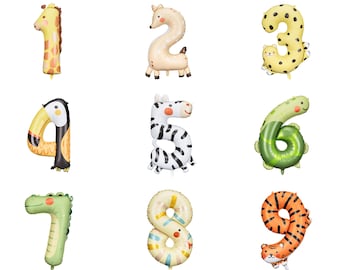 Whimsical Jungle Zoo Safari Animal Birthday Number Balloon Giraffe Deer Cheetah Zebra Turtle Crocodile Snake Tiger Party Decor Boy or Girl