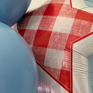 K&ouml;nnte beinhalten: Nahaufnahme von blauen Luftballons und einem sternf&ouml;rmigen Ballon mit einem rot-wei&szlig; karierten Muster. Der Sternballon hat einen wei&szlig;en Rand.
