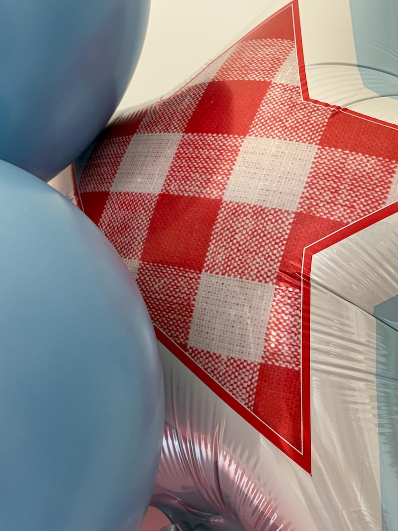 K&ouml;nnte beinhalten: Nahaufnahme von blauen Luftballons und einem sternf&ouml;rmigen Ballon mit einem rot-wei&szlig; karierten Muster. Der Sternballon hat einen wei&szlig;en Rand.