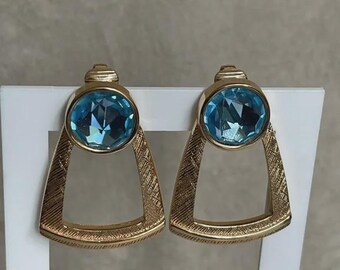 Rare VTG Swarovski Signed S.A.L Clip On Earrings with Large Blue Topaz Crystals