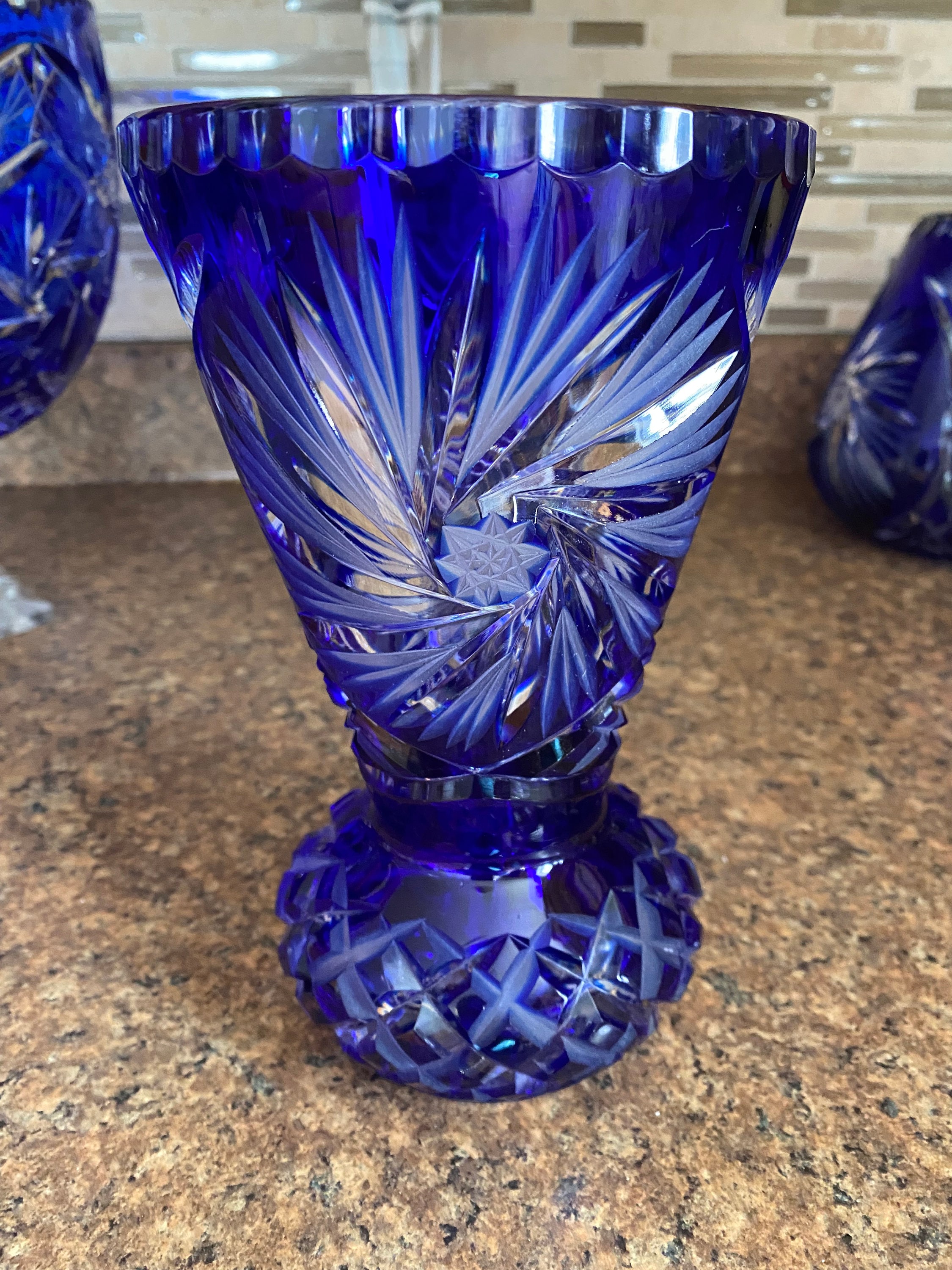 Vintage Heavy Bohemian Cobalt Blue Vase, Cut to clear crystal vase, Pinwheel pattern cut glass vase ,cobalt glass, collectible ,art glass
